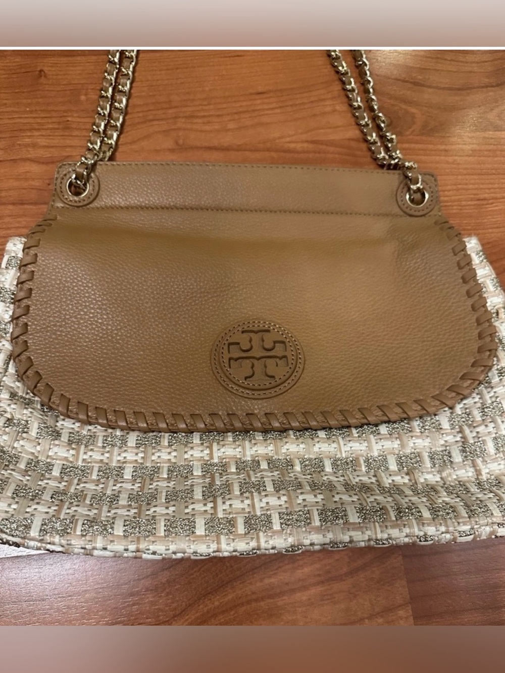 Tory Burch Whipstitched Flap Shoulder Bag in Cognac Brown and Cream